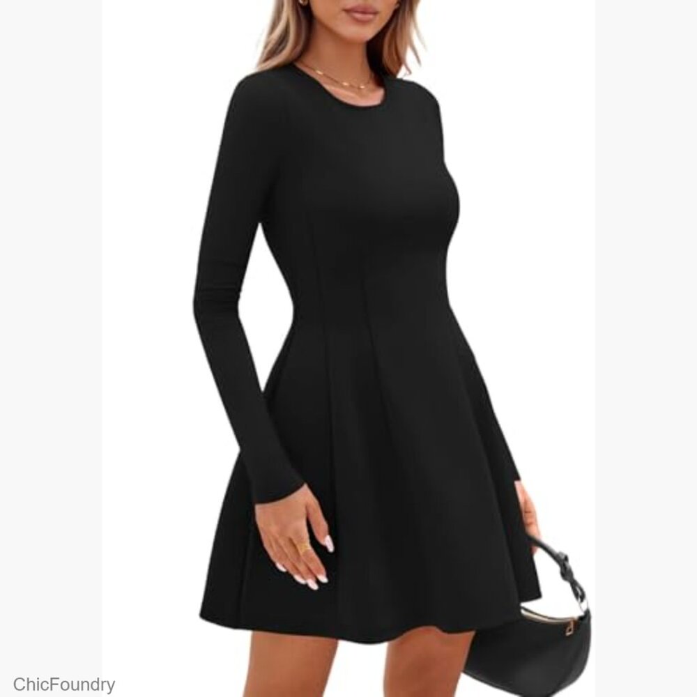 Long Sleeve Mini Knit Dress A-Line Babydoll Pleated Party Casual - Picture 4 of 7